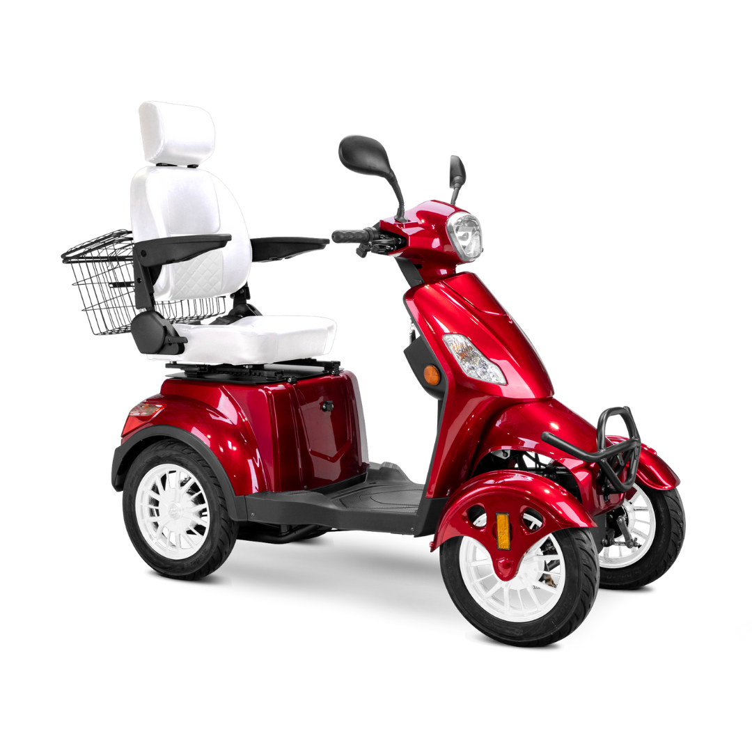 The Bespoke Prestige Recreational 4-Wheel Scooter features a 600-watt motor, adjustable white cushioned seat with headrest and armrests, and a rear wire basket—ideal for comfortable personal transportation.